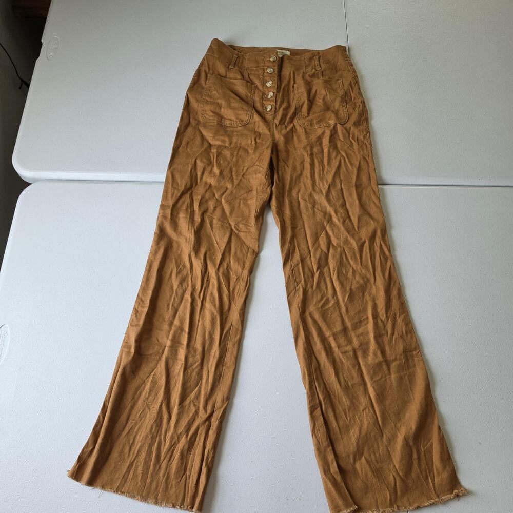 Maeve Anthropologie Colette Pants Womens 6 Brown Linen High Rise Wide Leg Button
